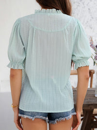 Women’s Devine Frill Notched Short Sleeve Blouse – Ruffled V-Neck Top for Casual & Office Wear