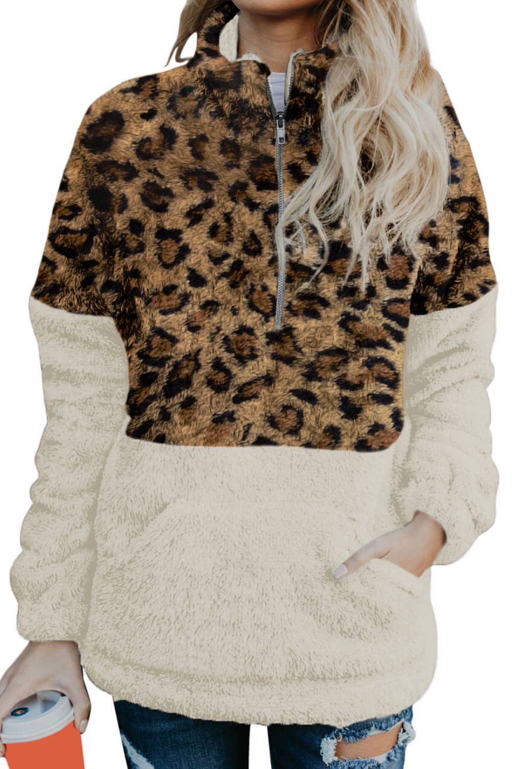 Color Block Half Zip Long Sleeve Fuzzy Sweatshirt Trandify Deal