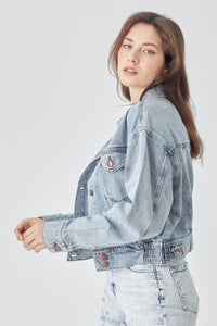 RISEN Full Size Button Down Cropped Denim Jacket Trandify deal