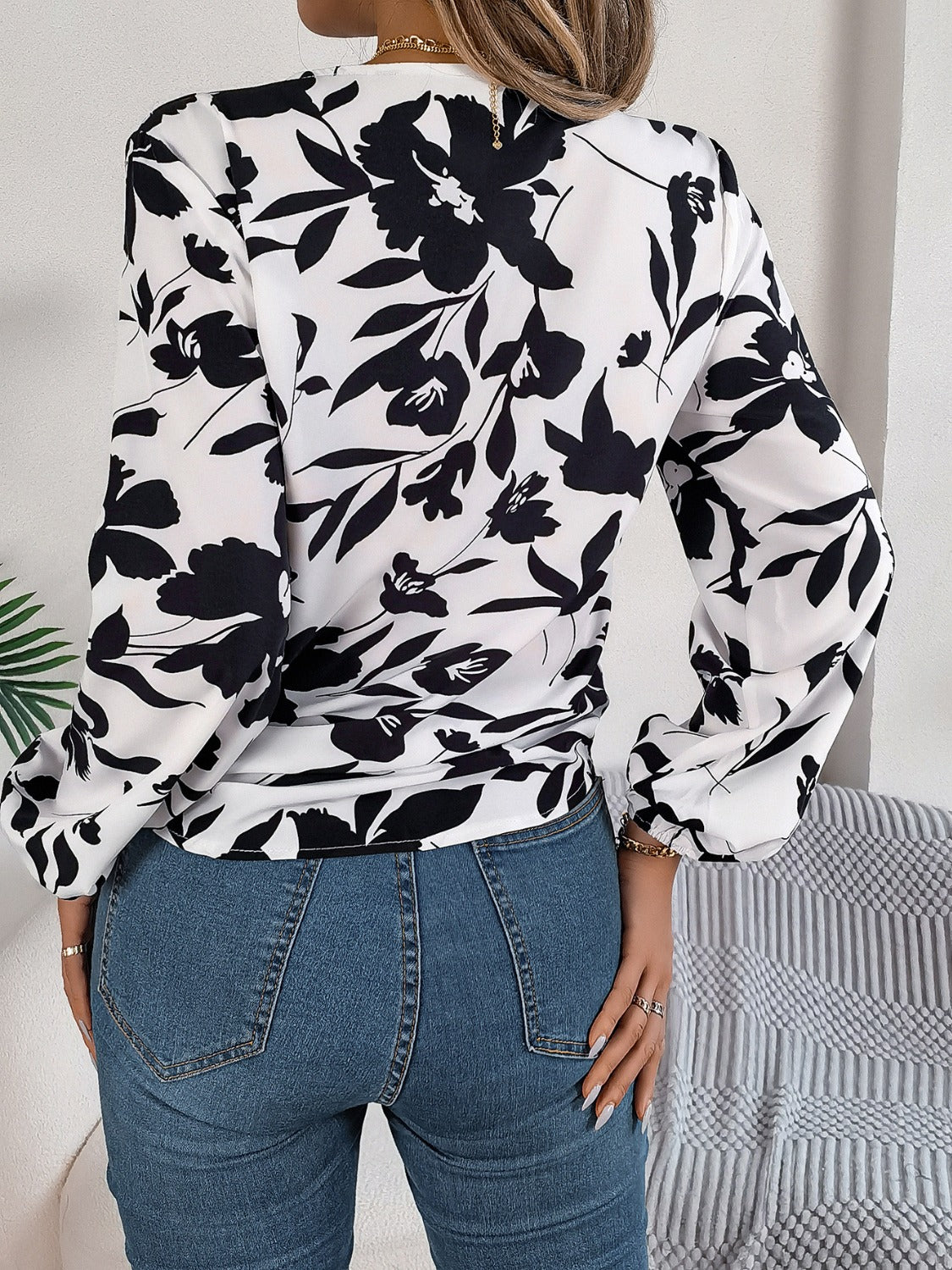 Printed V-Neck Long Sleeve Blouse Trandify deal