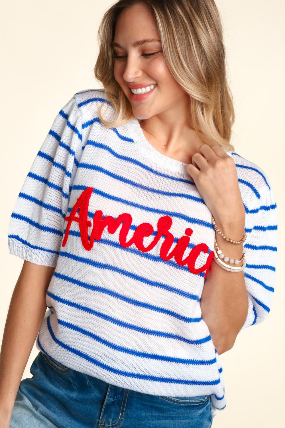 Haptics Letter Embroidery Striped Knit Top Trandify deal