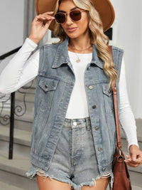 Pocketed Button Up Sleeveless Denim Jacket Trandify Deal