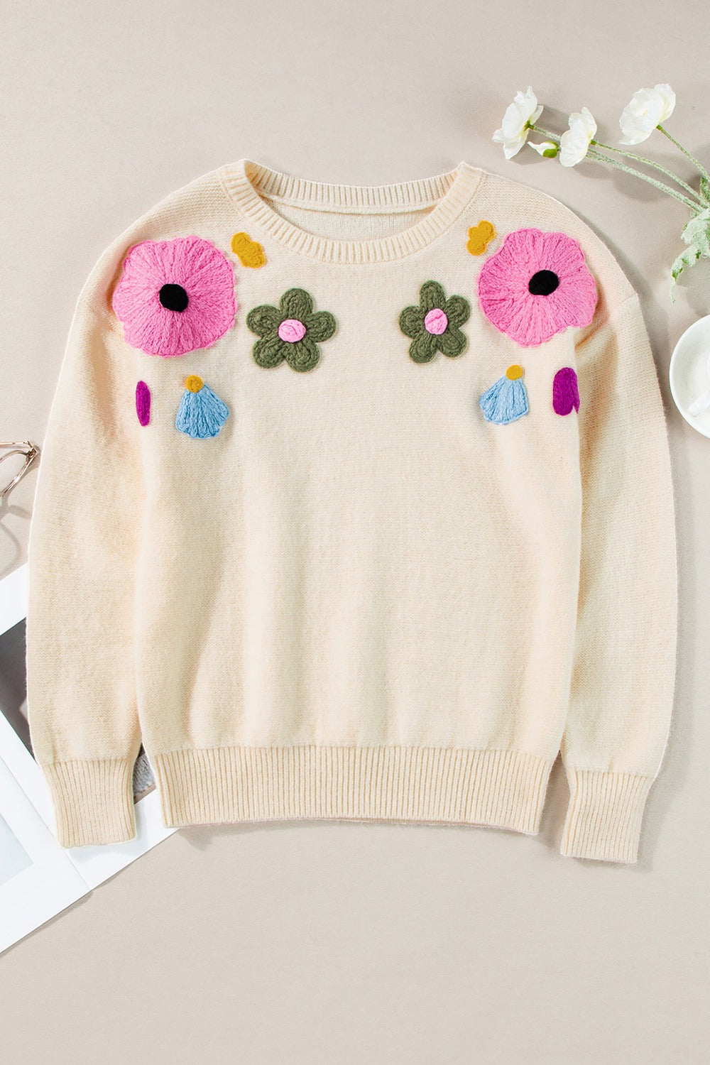 Crochet Flower Round Neck Dropped Shoulder Sweater Trandify Deal