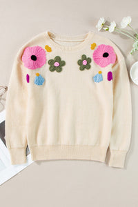 Crochet Flower Round Neck Dropped Shoulder Sweater Trandify Deal