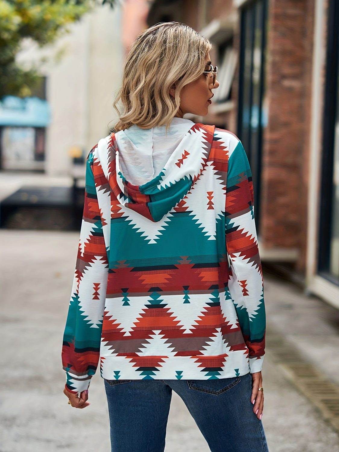 Geometric Zip Up Long Sleeve Hooded Jacket Trandify Deal