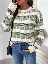 Perfee Contrast Round Neck Long Sleeve Sweater Trandify Deal