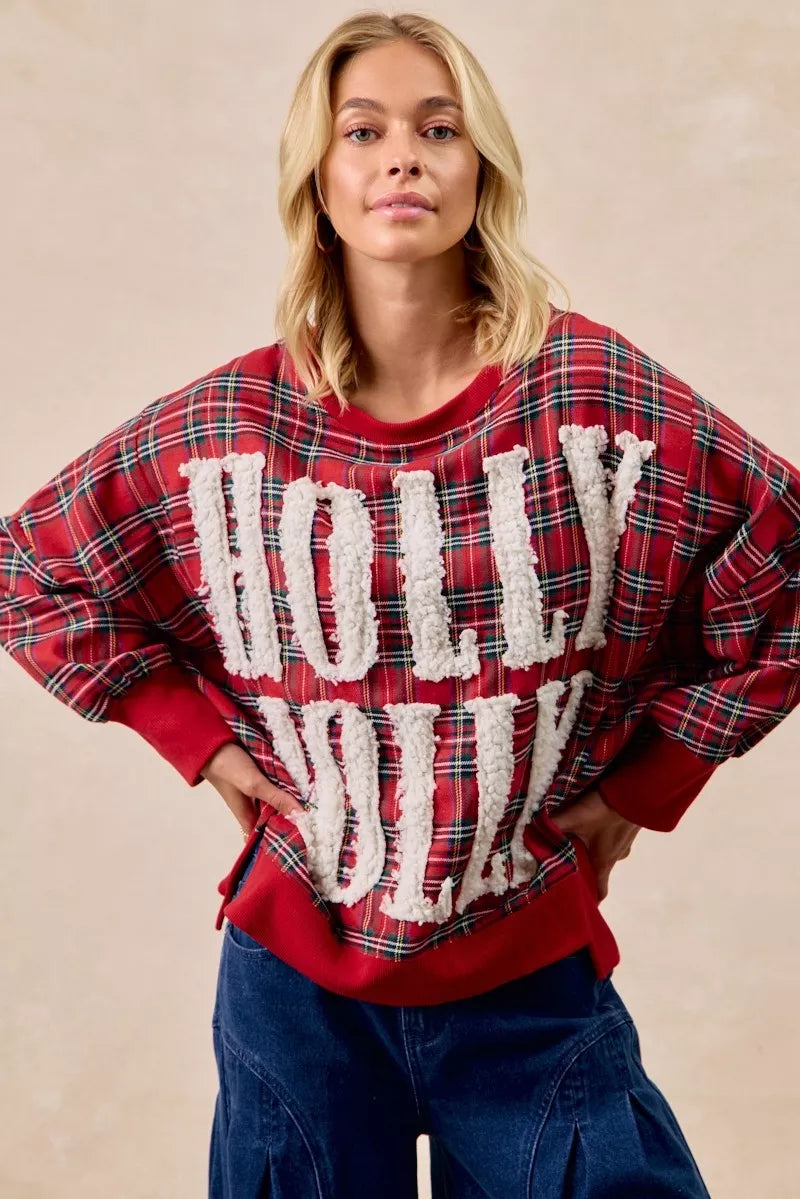 BiBi Women's Oversized Christmas Plaid Sweatshirt - Holly Jolly Holiday Party Top - Red Plaid Shirt