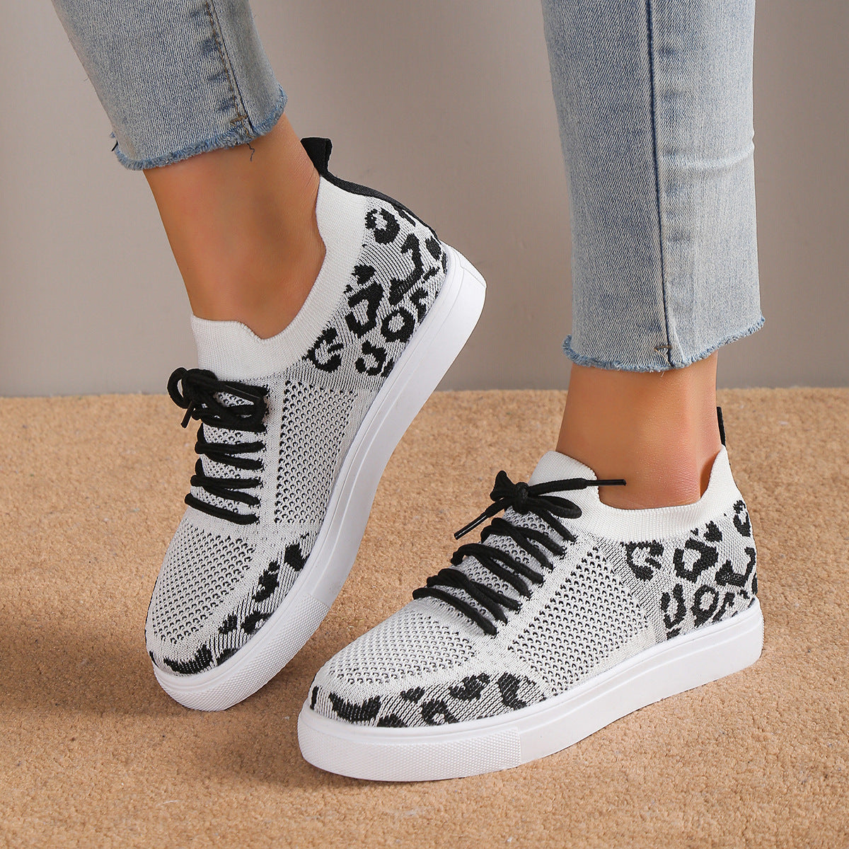 Lace-Up Leopard Flat Sneakers Trandify Deal