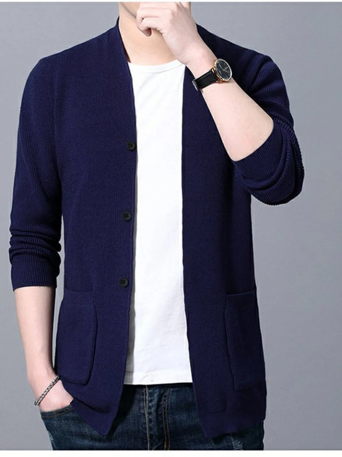 Men’s Plus Size Long Sleeve Cardigan with Pockets – Cozy & Stylish