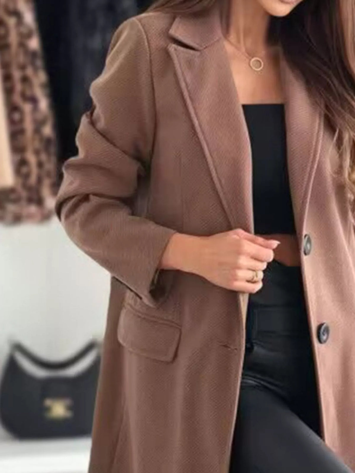 Women's Lapel Collar Long Sleeve Coat - Buttoned & Pocketed