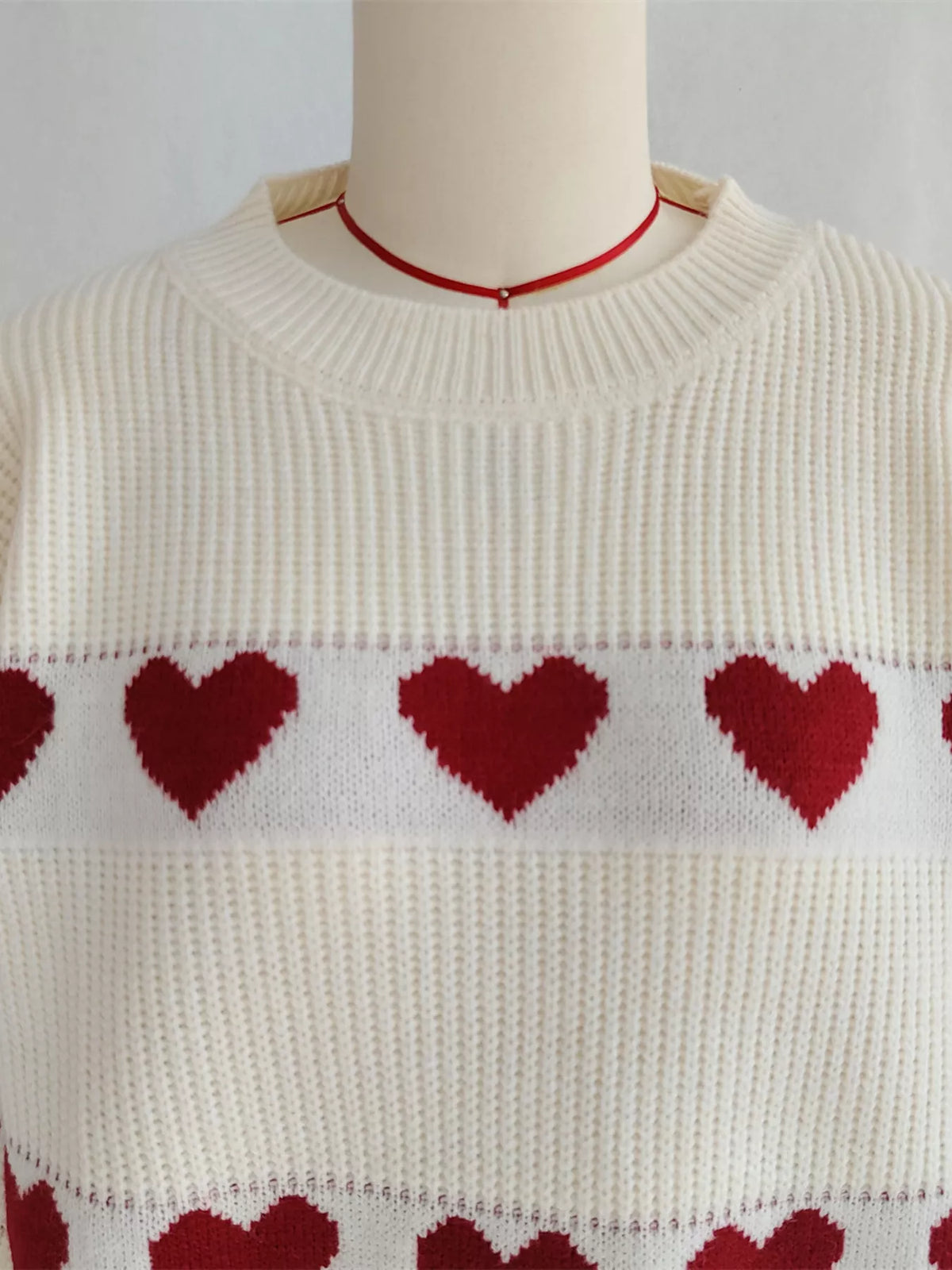 Women's Heart Pattern Sweater - Cute Dropped Shoulder Pullover