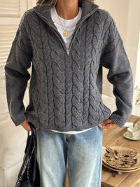 Women's Cable Knit Zip Neck Sweater in Gray worn with boots