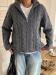 Women's Cable Knit Zip Neck Sweater in Gray worn with boots