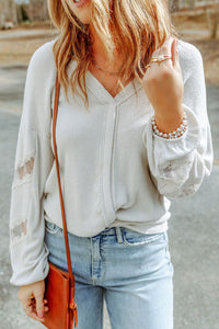 Lace Detail Drop Sleeve Ribbed Top Trandify Deal