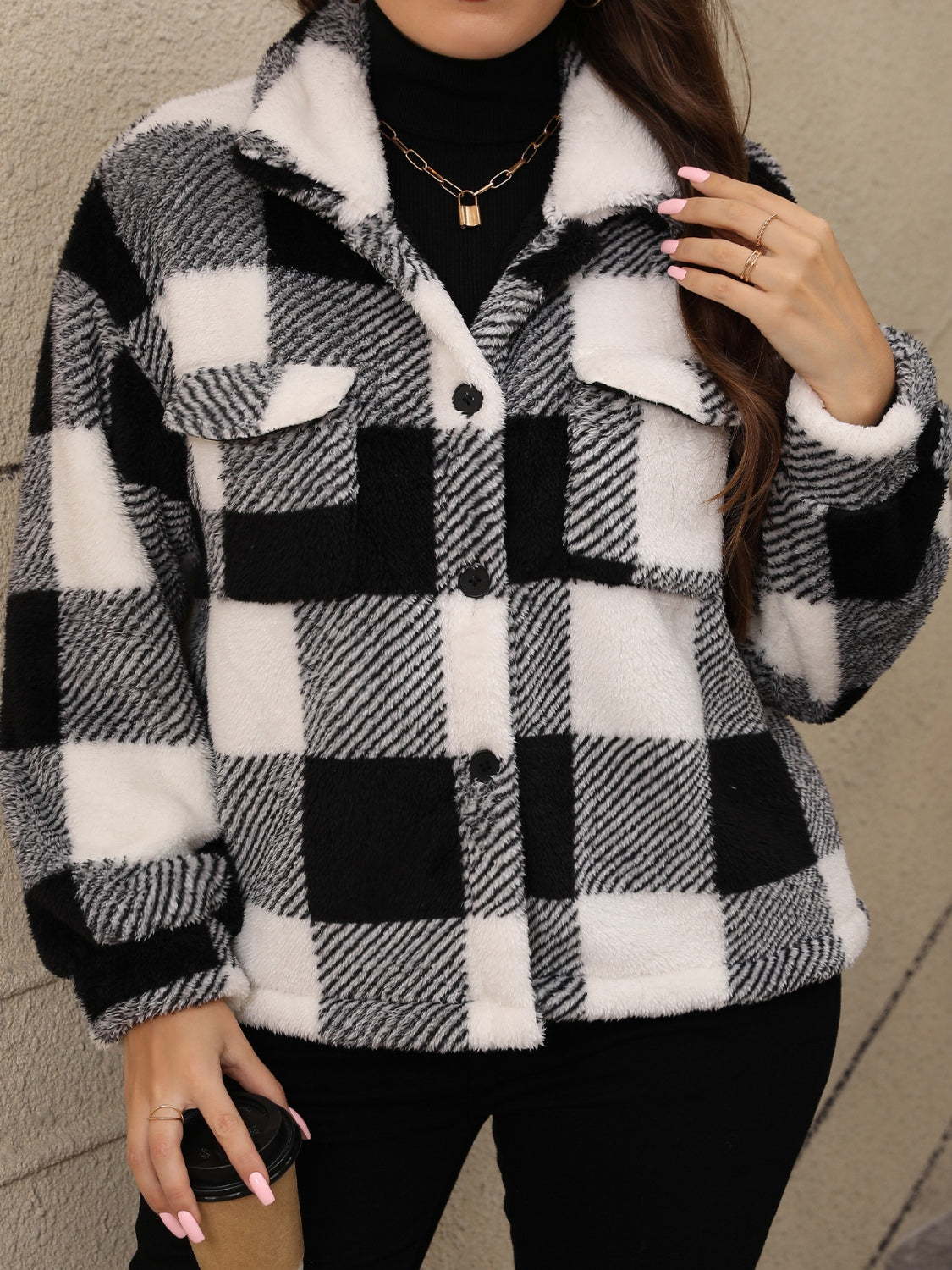 Plus Size Pocketed Plaid Collared Neck Jacket Trandify Deal