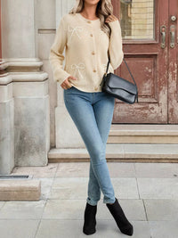 Women's Bow Button Up Long Sleeve Cardigan