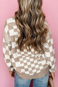 Checkered Round Neck Long Sleeve Sweater - Trandify Deal