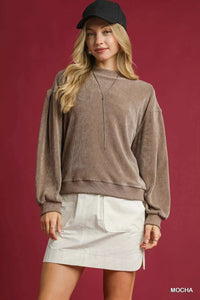 Women's plush velour oversized sweatshirt with large balloon sleeves, shown in Mocha