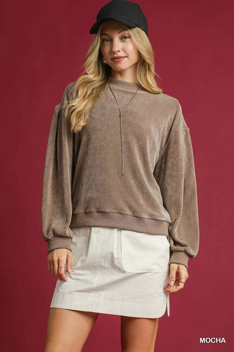 Women's plush velour oversized sweatshirt with large balloon sleeves, shown in Mocha