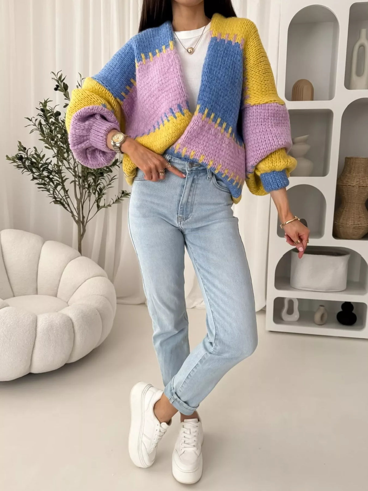Color Block Open Front Cardigan - Basic Long Sleeve Polyester Top