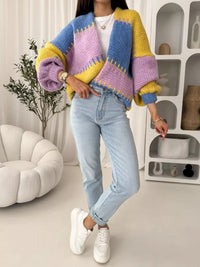 Color Block Open Front Cardigan - Basic Long Sleeve Polyester Top