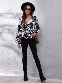 Printed V-Neck Long Sleeve Blouse Trandify Deal