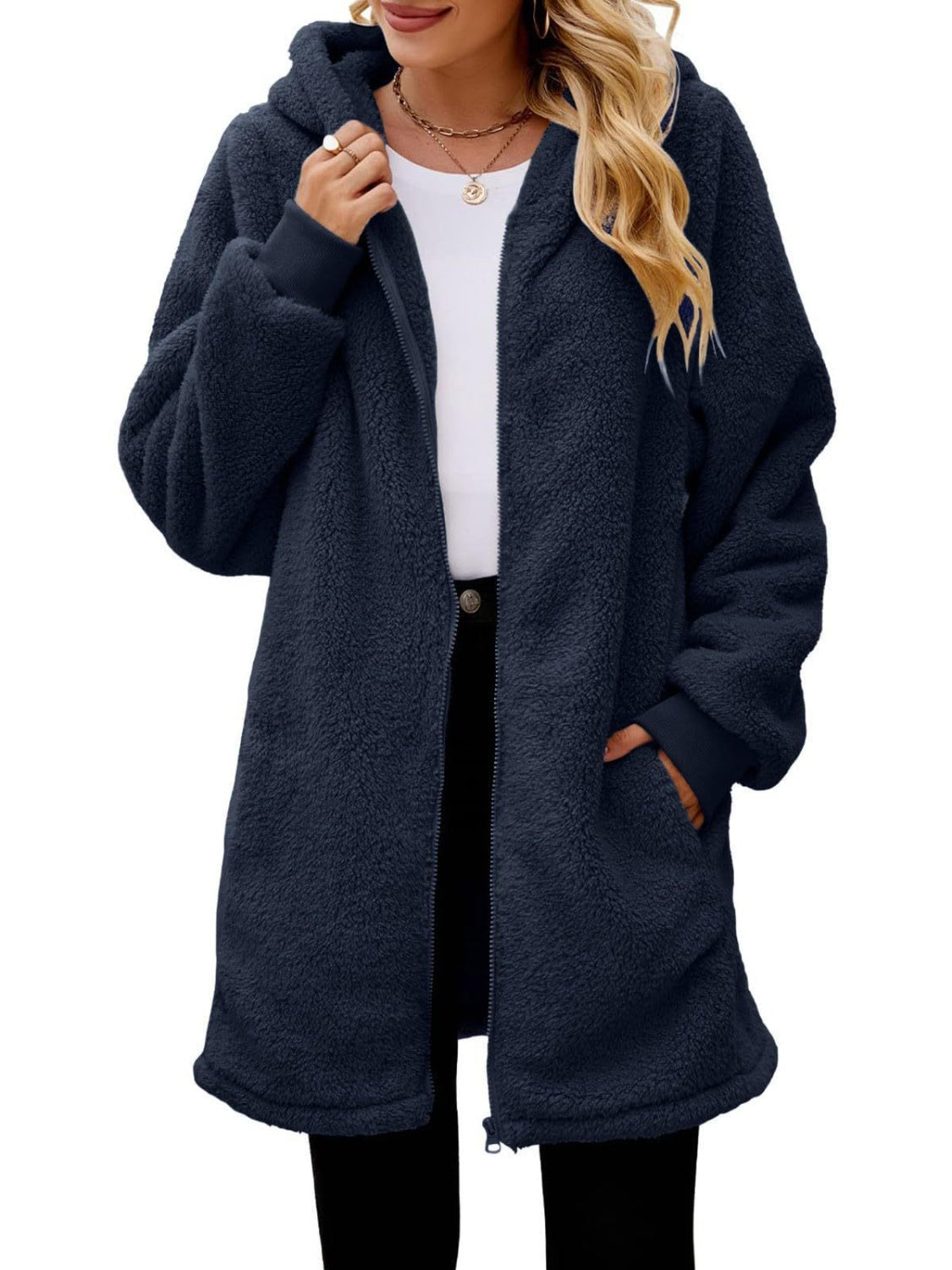 Fuzzy Pocketed Zip Up Long Sleeve Hooded Jacket Trandify Deal