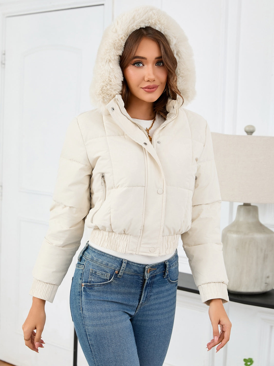 Pocketed Long Sleeve Cropped Hooded Winter Coat Trandify Deal