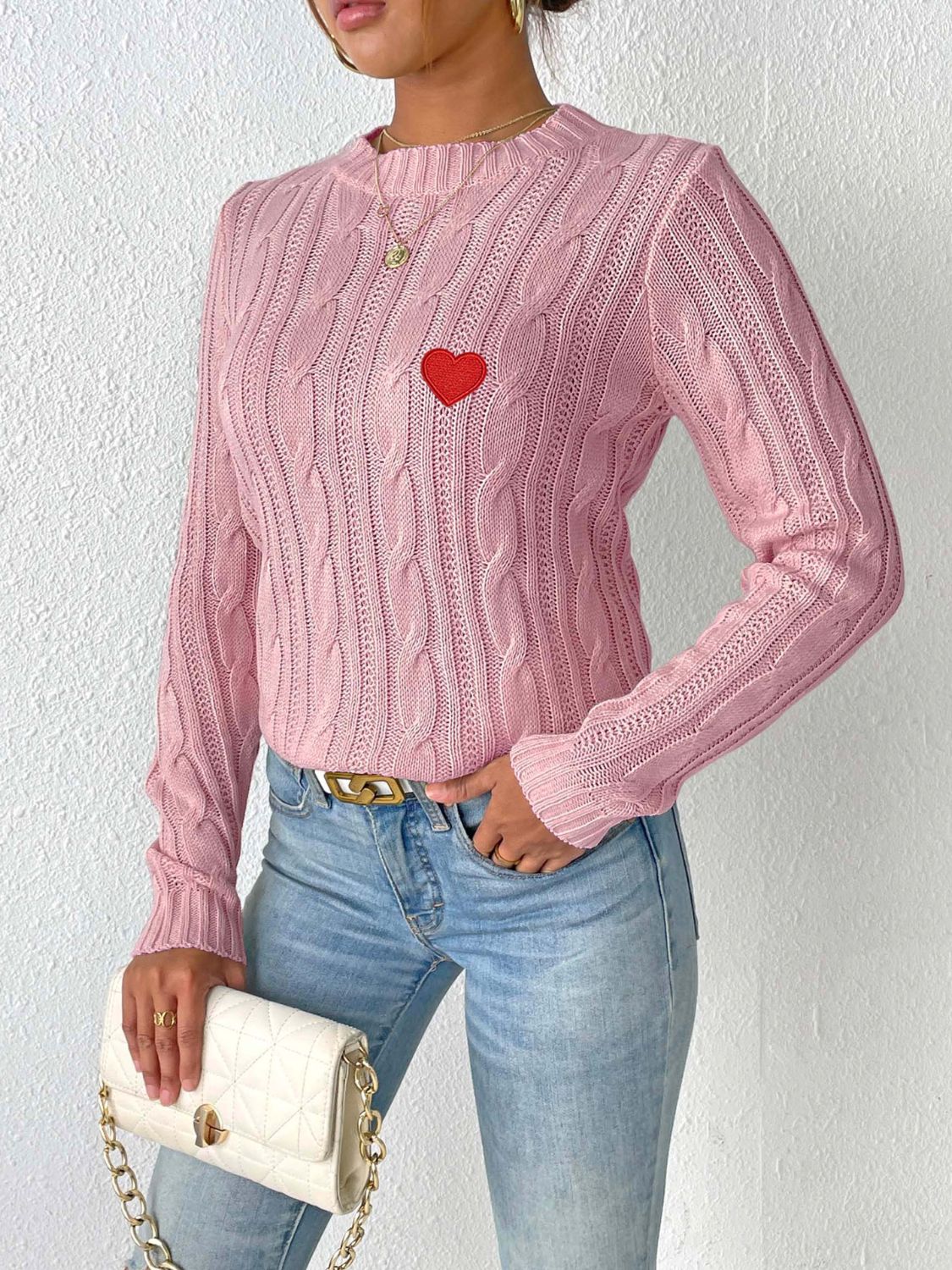 Cable-Knit Heart Round Neck Long Sleeve Sweater Trandify Deal