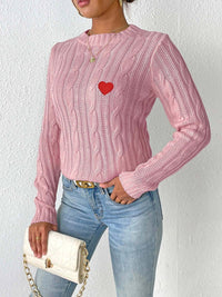Cable-Knit Heart Round Neck Long Sleeve Sweater Trandify Deal