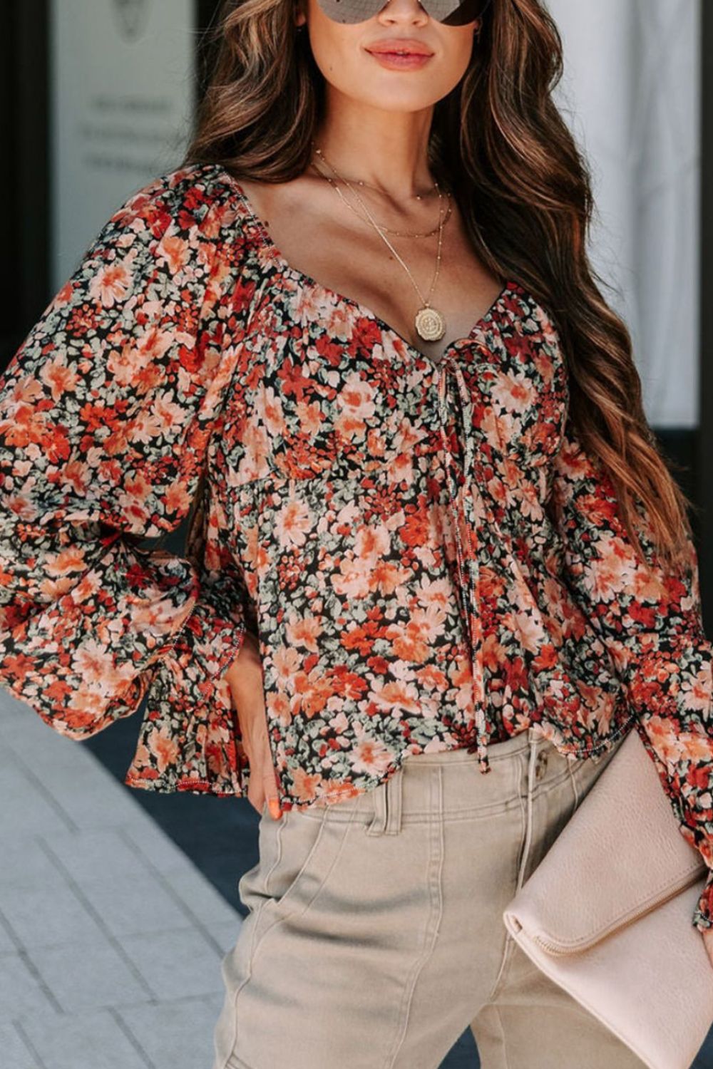 Peplum Tied Flora Long Sleeve Blouse Trandify Deal