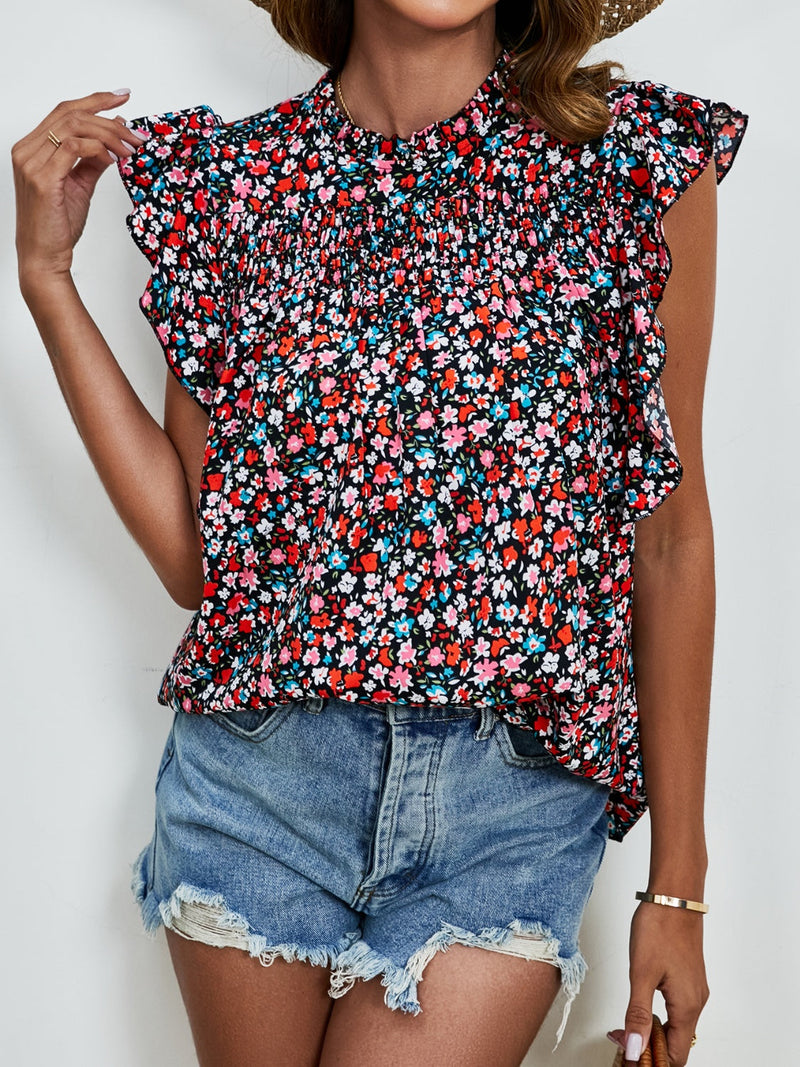 Ruffled Ditsy Floral Mock Neck Cap Sleeve Blouse Trandify deal