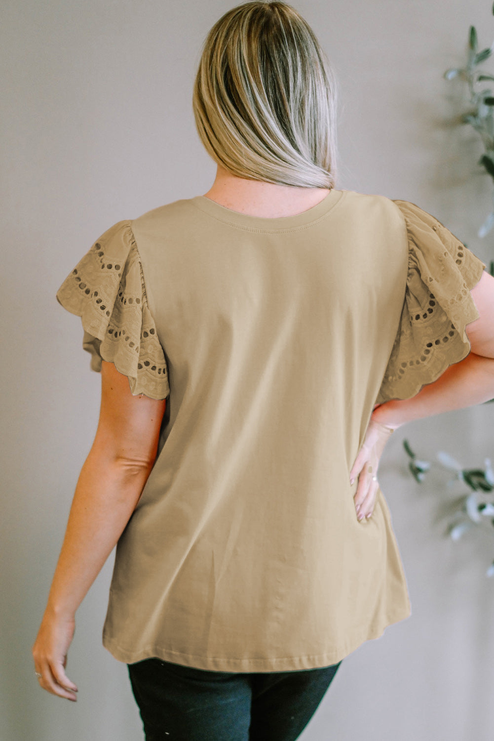 Plus Size Eyelet Round Neck Short Sleeve Blouse Trandify deal