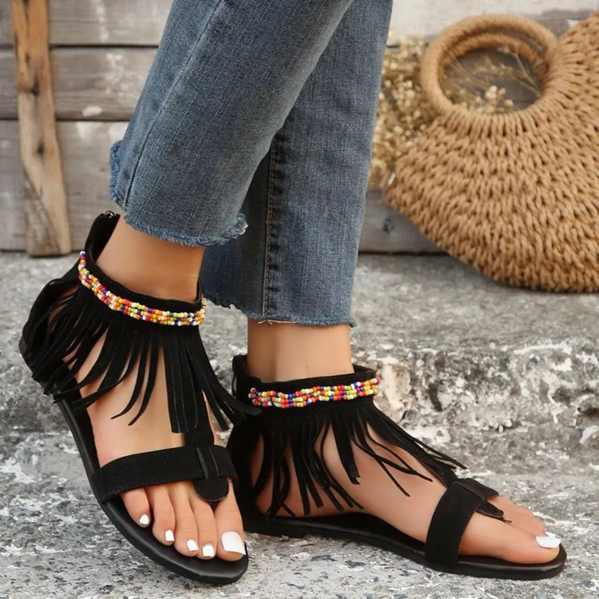 women's PU leather fringe sandals with ankle strap