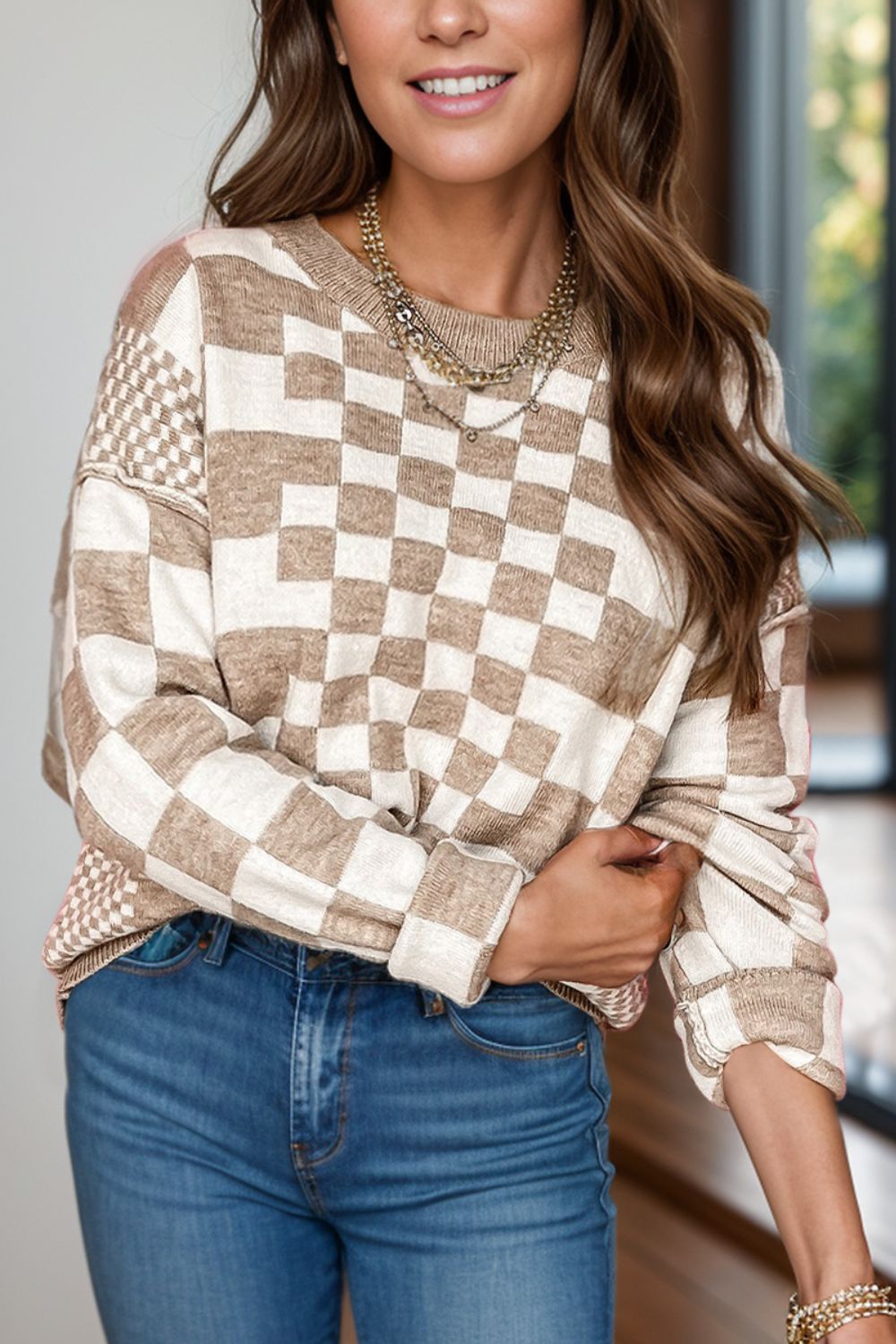 Checkered Round Neck Long Sleeve Sweater - Trandify Deal
