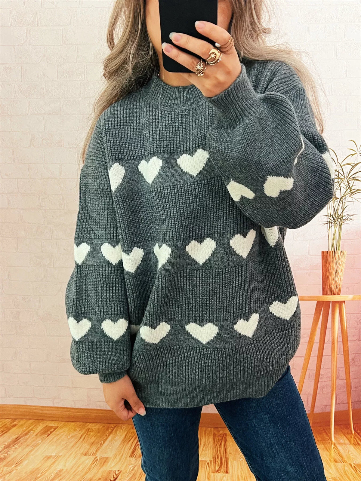 Women's Heart Pattern Sweater - Cute Dropped Shoulder Pullover