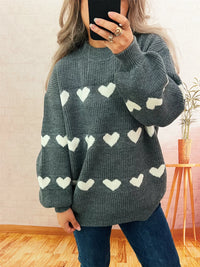 Women's Heart Pattern Sweater - Cute Dropped Shoulder Pullover