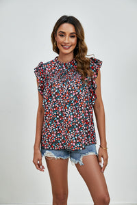 Ruffled Ditsy Floral Mock Neck Cap Sleeve Blouse Trandify deal