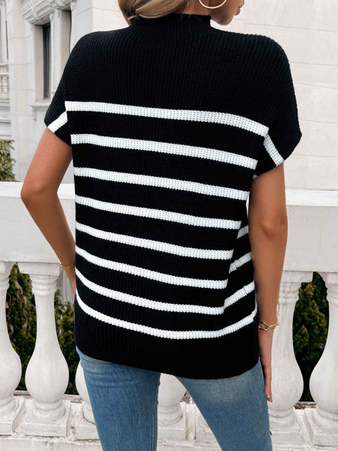 Devine Striped Mock Neck Short Sleeve Sweater Trandify deal