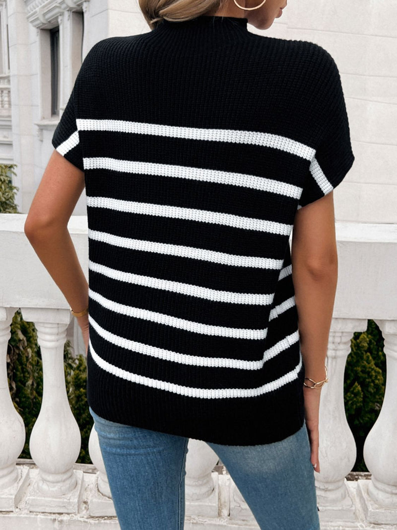Devine Striped Mock Neck Short Sleeve Sweater Trandify deal