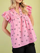 Notched Ruffled Blouse in Pink - Women's Cap Sleeve Top