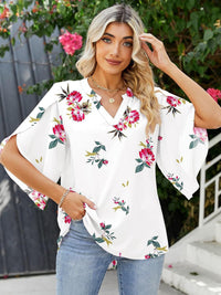 Printed Notched Half Sleeve Blouse Trandify Deal
