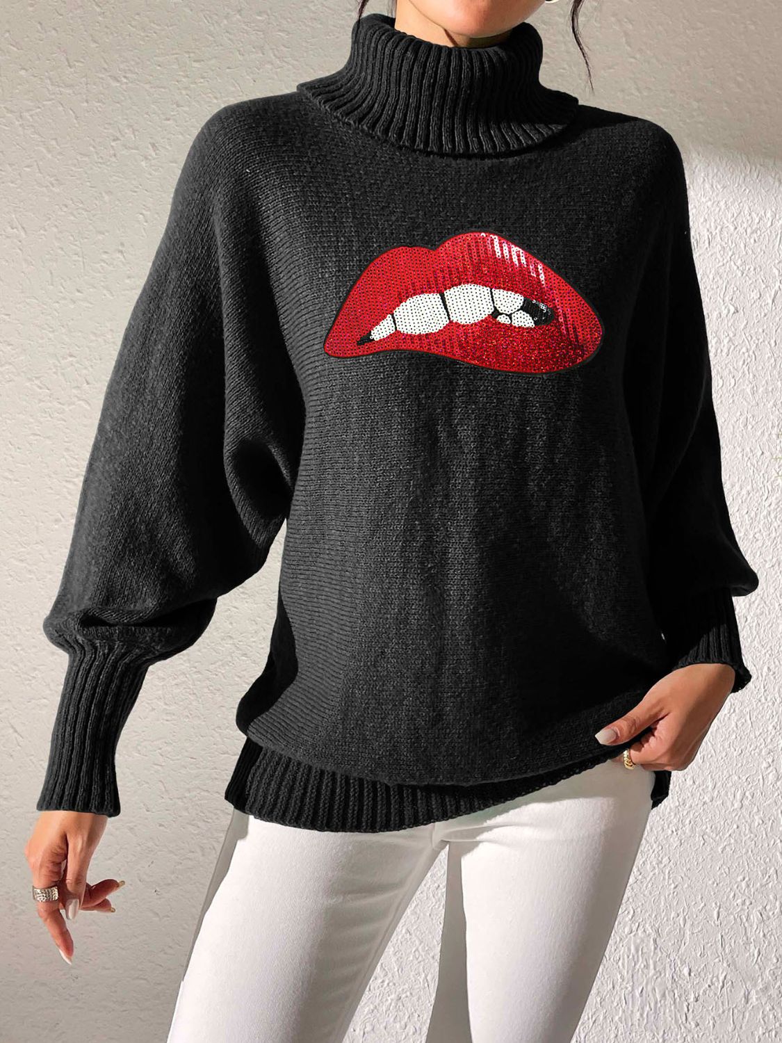 Lip Turtleneck Long Sleeve Sweater Trandify Deal