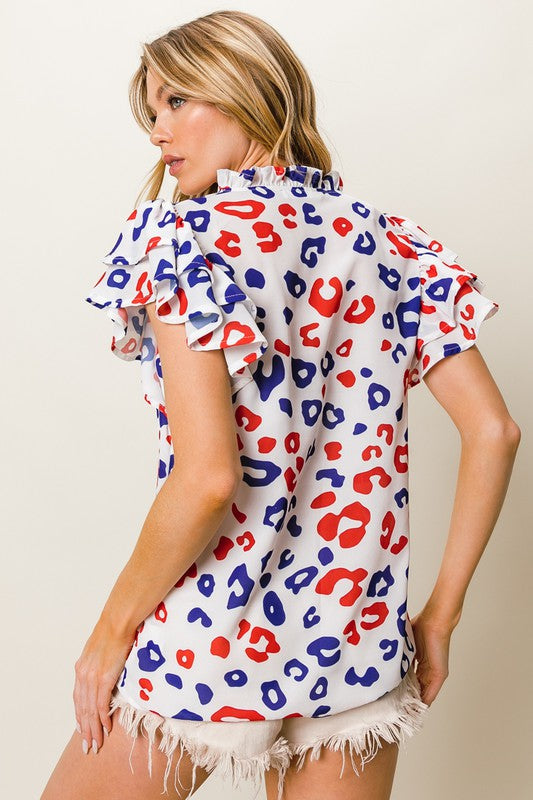 Leopard Print Ruffled Cap Sleeve Blouse - TrandifyDeal