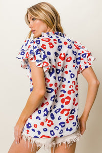 Leopard Print Ruffled Cap Sleeve Blouse - TrandifyDeal