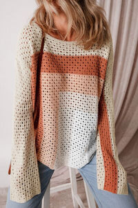 women's color block openwork knit sweater long sleeve casual top