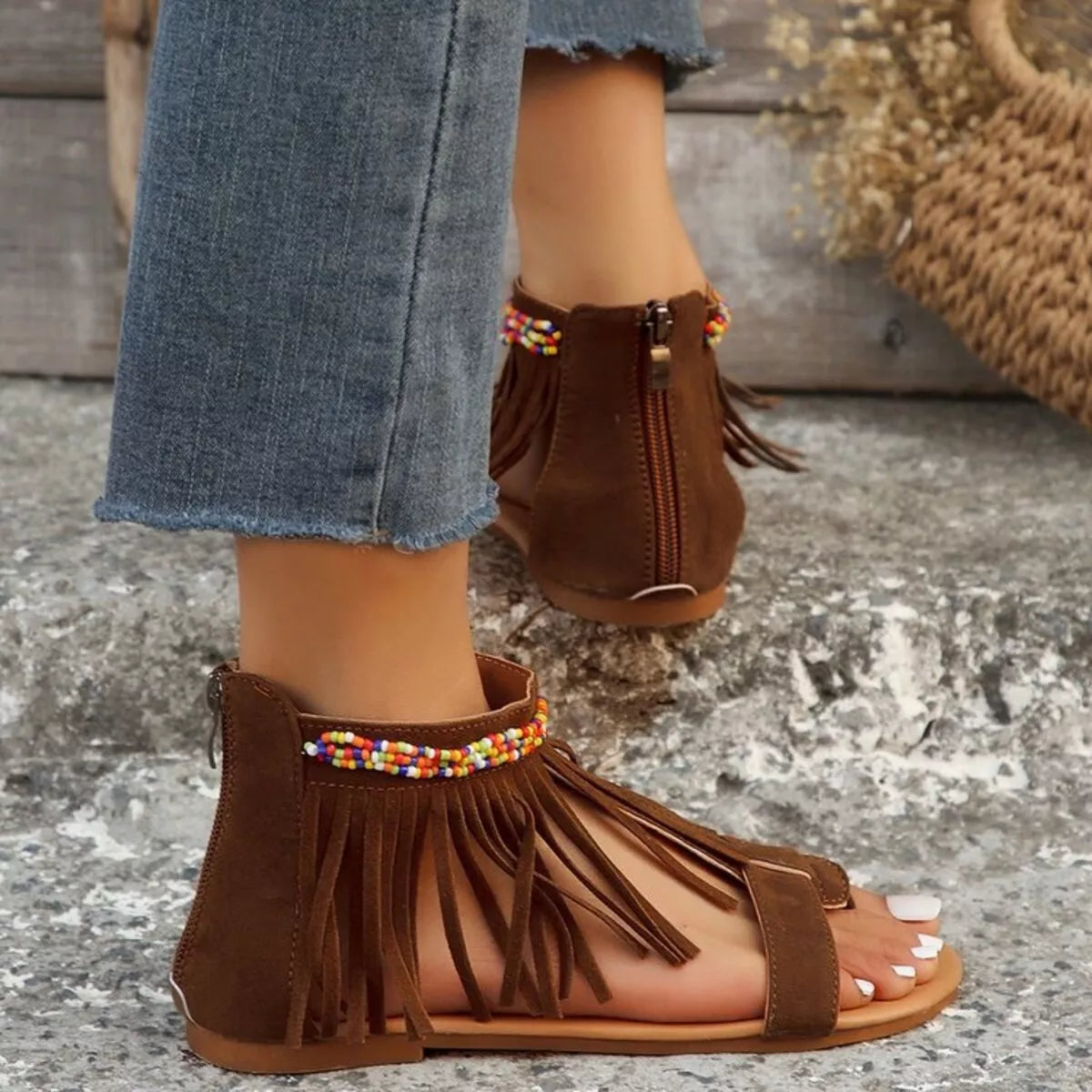 women's PU leather fringe sandals with ankle strap