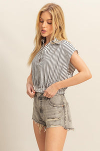 Striped Elastic Hem Blouse with Johnny collar and cap sleeves on a mannequin.