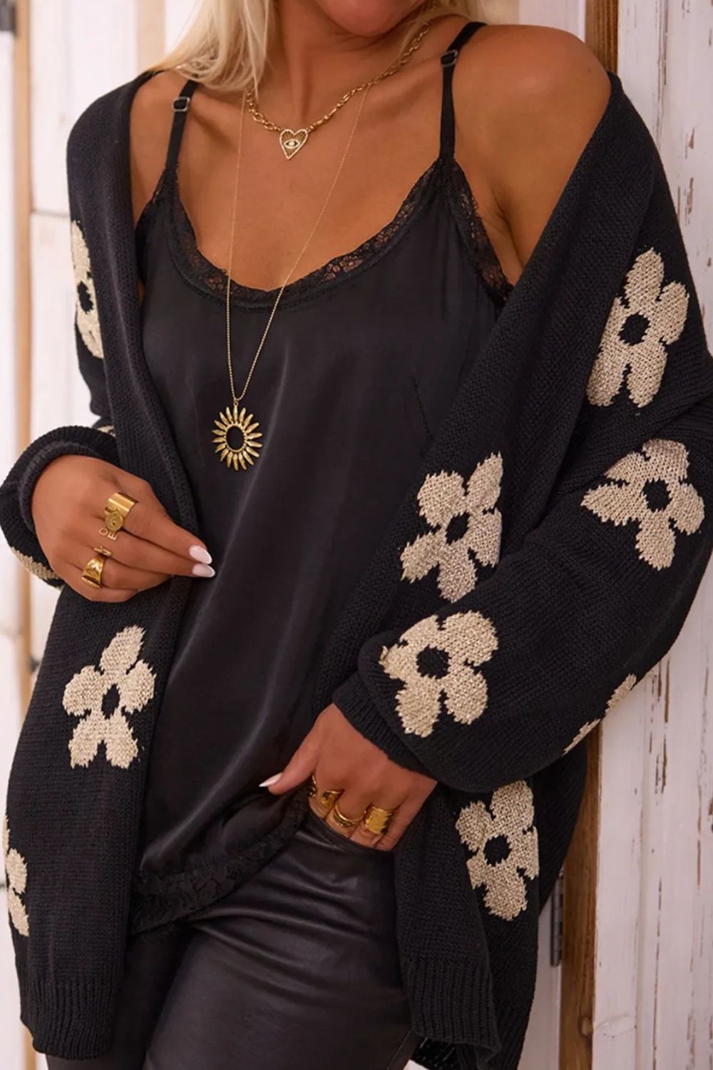 Flower Open Front Long Sleeve Cardigan Trandify Deal
