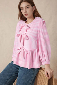 Women's Striped Peplum Blouse with Tie-Front Detail – Trendy Tops for Women